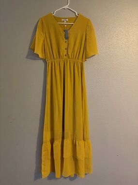 Mustard Yellow Button-Front Maxi Dress with Flutter Sleeves